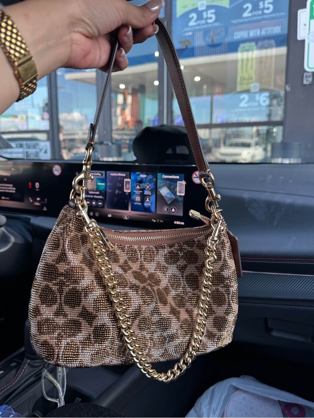 Coach Brown Beaded Leopard-Print Shoulder Bag with Gold Chain
